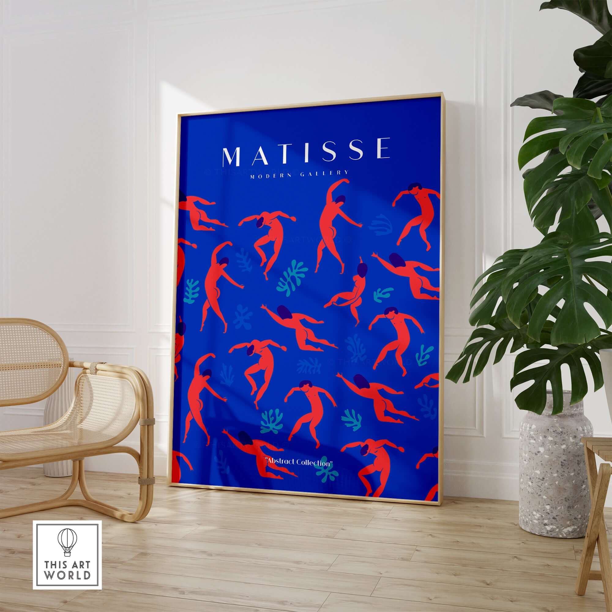 Matisse Art Prints - Dancing Figures Pattern Red Blue Poster featuring vibrant dancing figures on blue background.