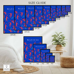 Matisse Art Prints - Dancing Figures Pattern Red Blue Poster size guide with various dimensions