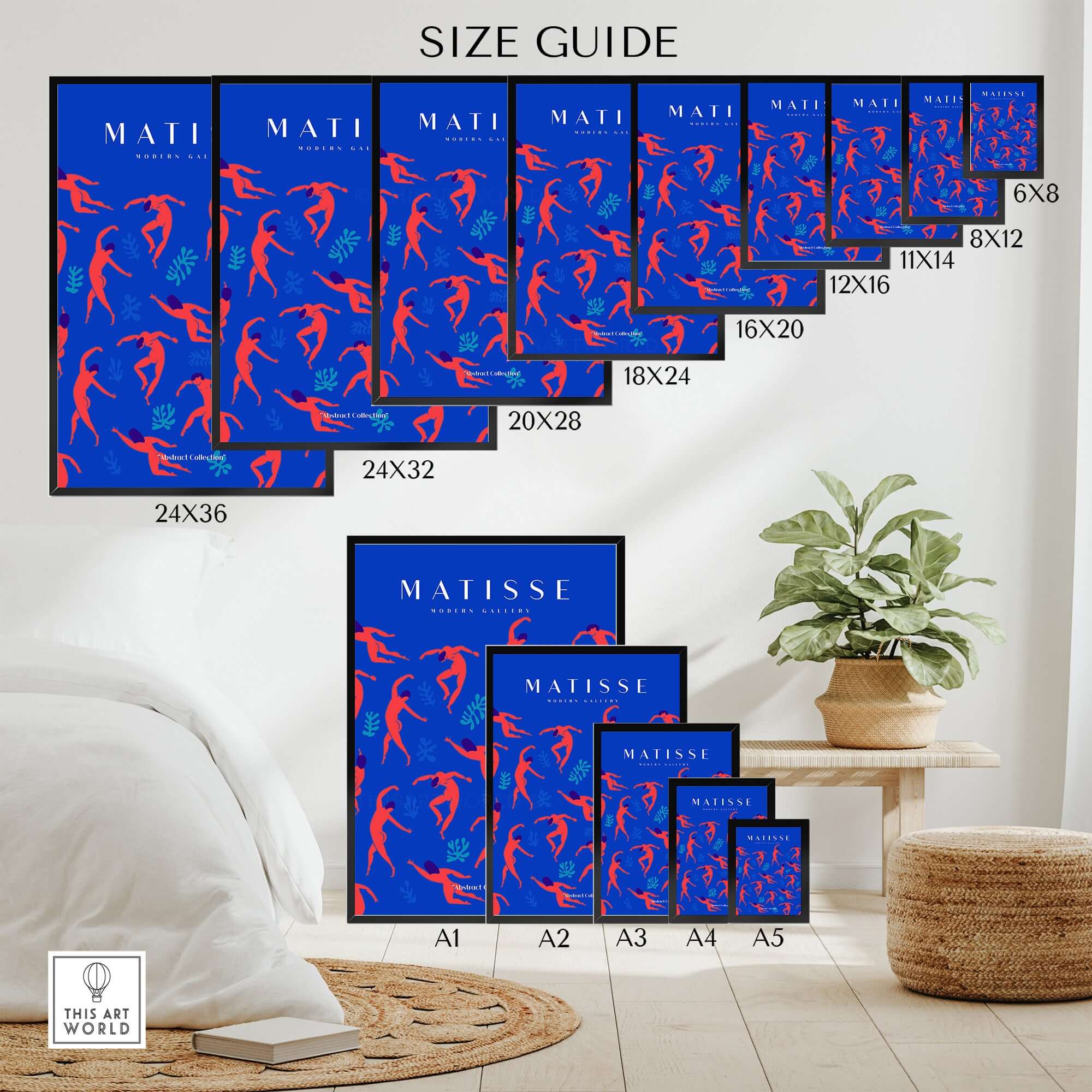 Matisse Art Prints - Dancing Figures Pattern Red Blue Poster size guide with various dimensions