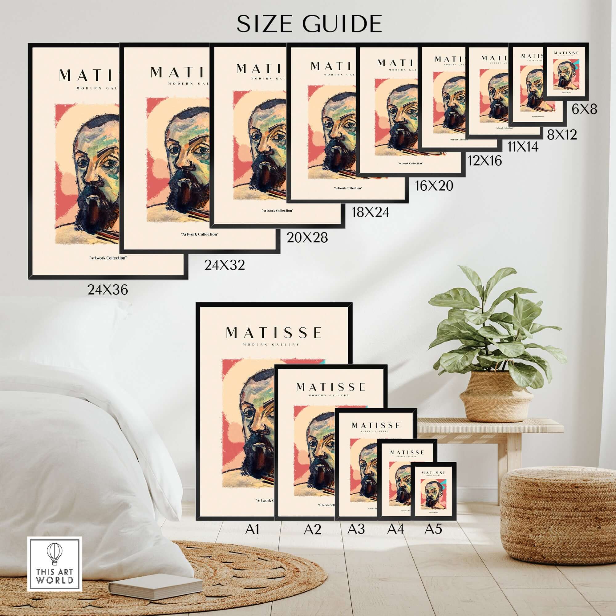 Matisse Art Prints - Expressive Self Portrait Poster size guide showcasing various frame sizes.