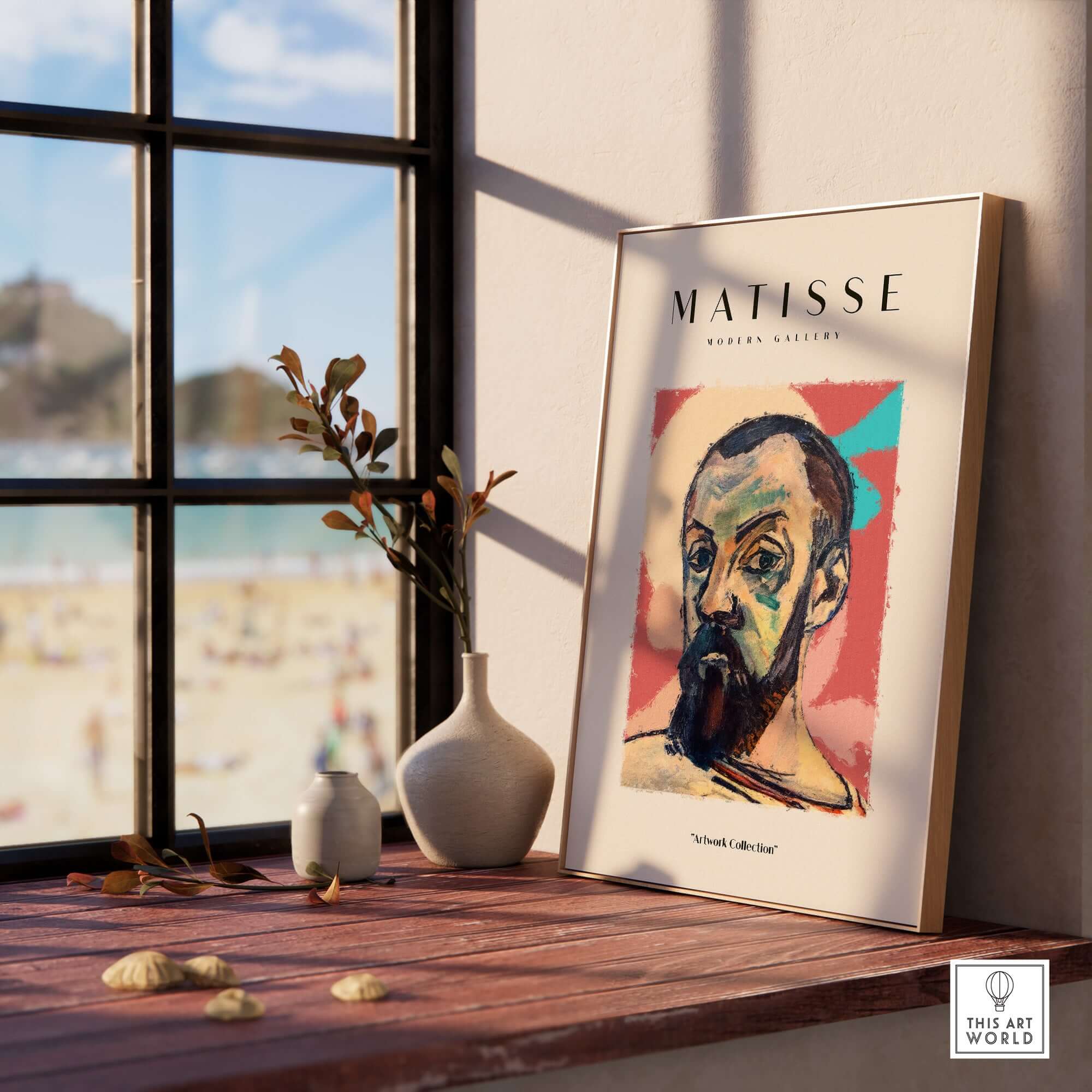 Matisse Art Prints - Expressive Self Portrait Poster displayed near a window, showcasing vibrant colors and bold details.