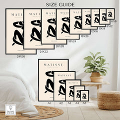 Matisse Art Prints - Figurative Lady Poster Art Size Guide with various frame dimensions and wall decor display.