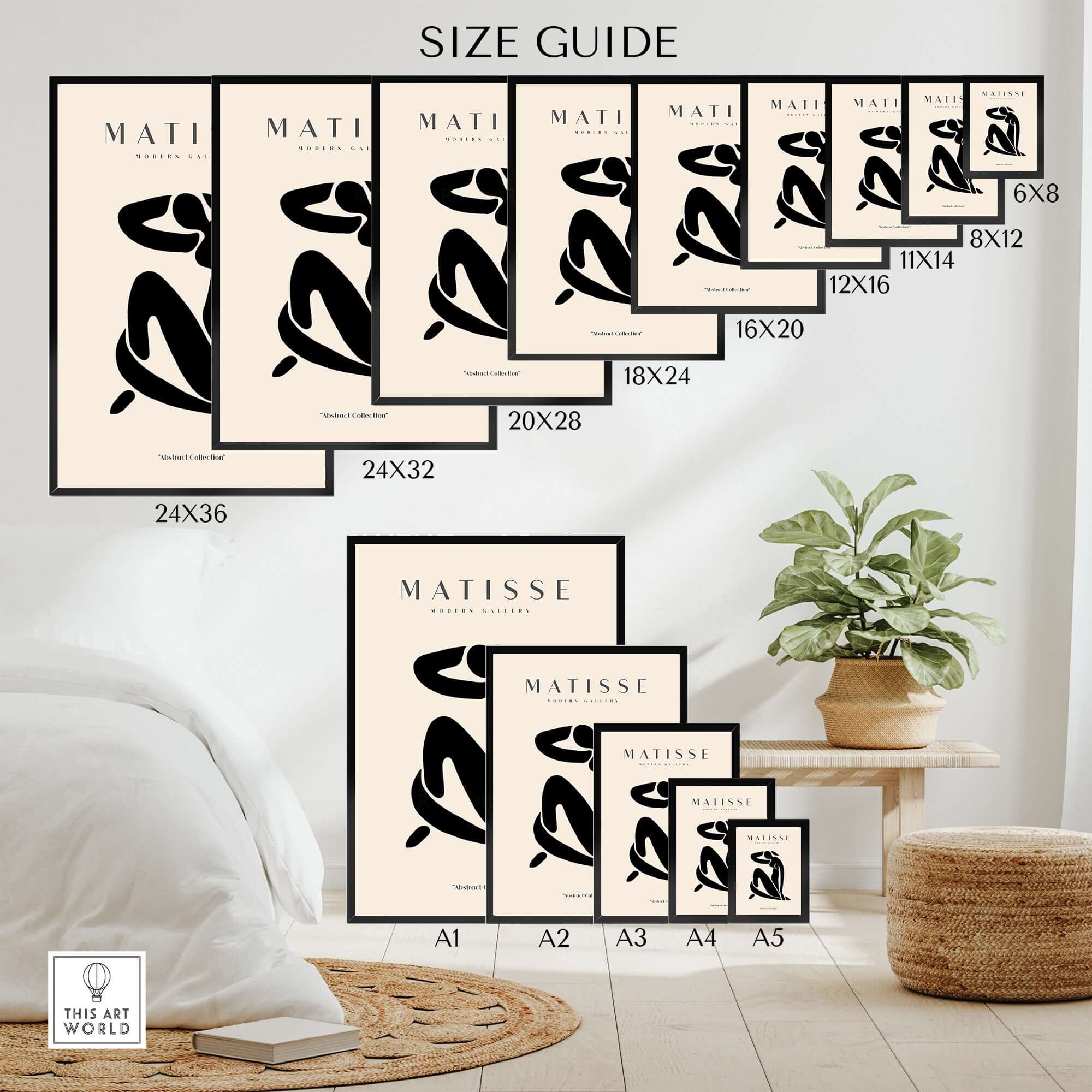 Matisse Art Prints - Figurative Lady Poster Art Size Guide with various frame dimensions and wall decor display.
