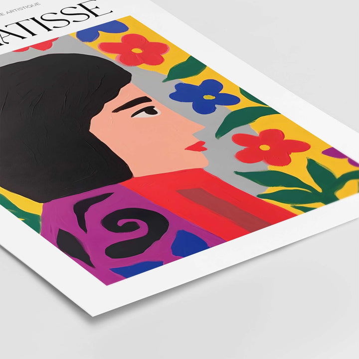 Matisse art print of a floral woman portrait with vibrant colors and abstract flowers for modern home decor.