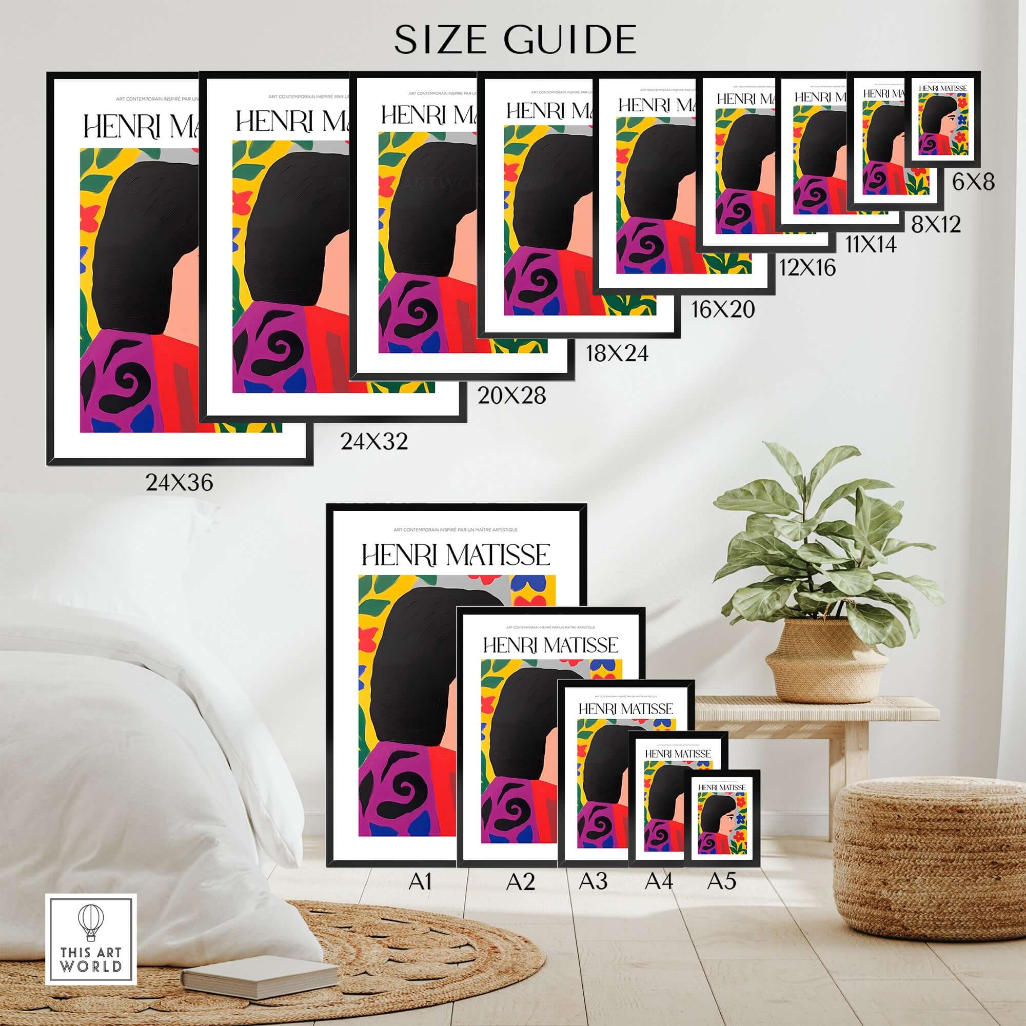 Matisse Art Prints - Floral Woman size guide showing different frame sizes and a vibrant art piece in a stylish interior.