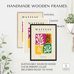 Matisse Art Prints - Four Block Abstract Leaves Poster displayed in handmade wooden frames in natural, white, and black.
