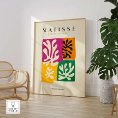 Matisse Art Prints -  Four Block Abstract Leaves Poster featuring colorful abstract leaf designs in a modern gallery setting.