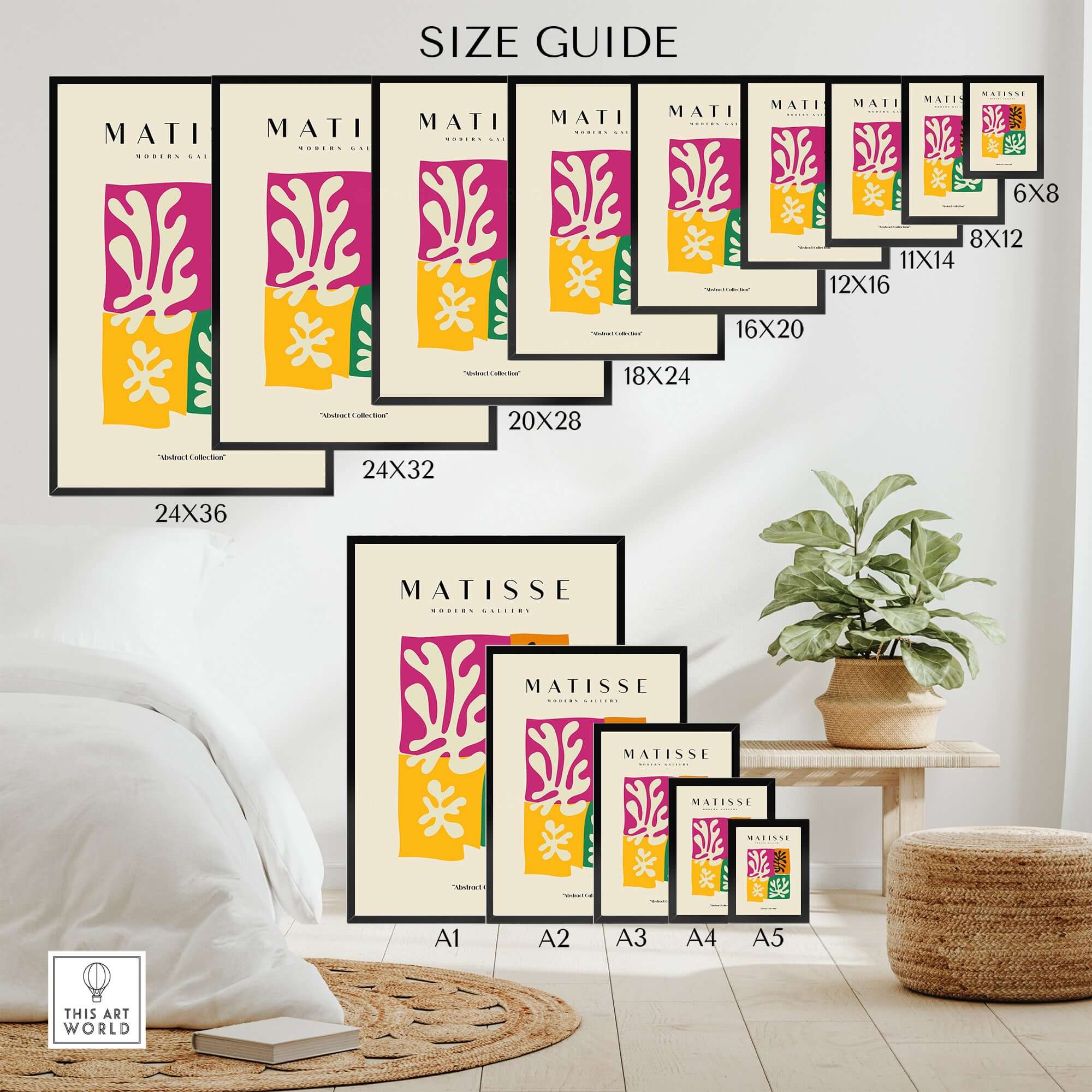 Matisse Art Prints - Four Block Abstract Leaves Poster size guide with various print dimensions displayed in a modern interior.