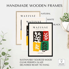 Matisse Art Prints - Four Blocks Abstract Leaves Color Poster in handmade wooden frames in natural, white, and black.