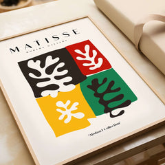 Matisse Art Prints - Four Blocks Abstract Leaves Color Poster featuring bold colors and abstract shapes in a frame.