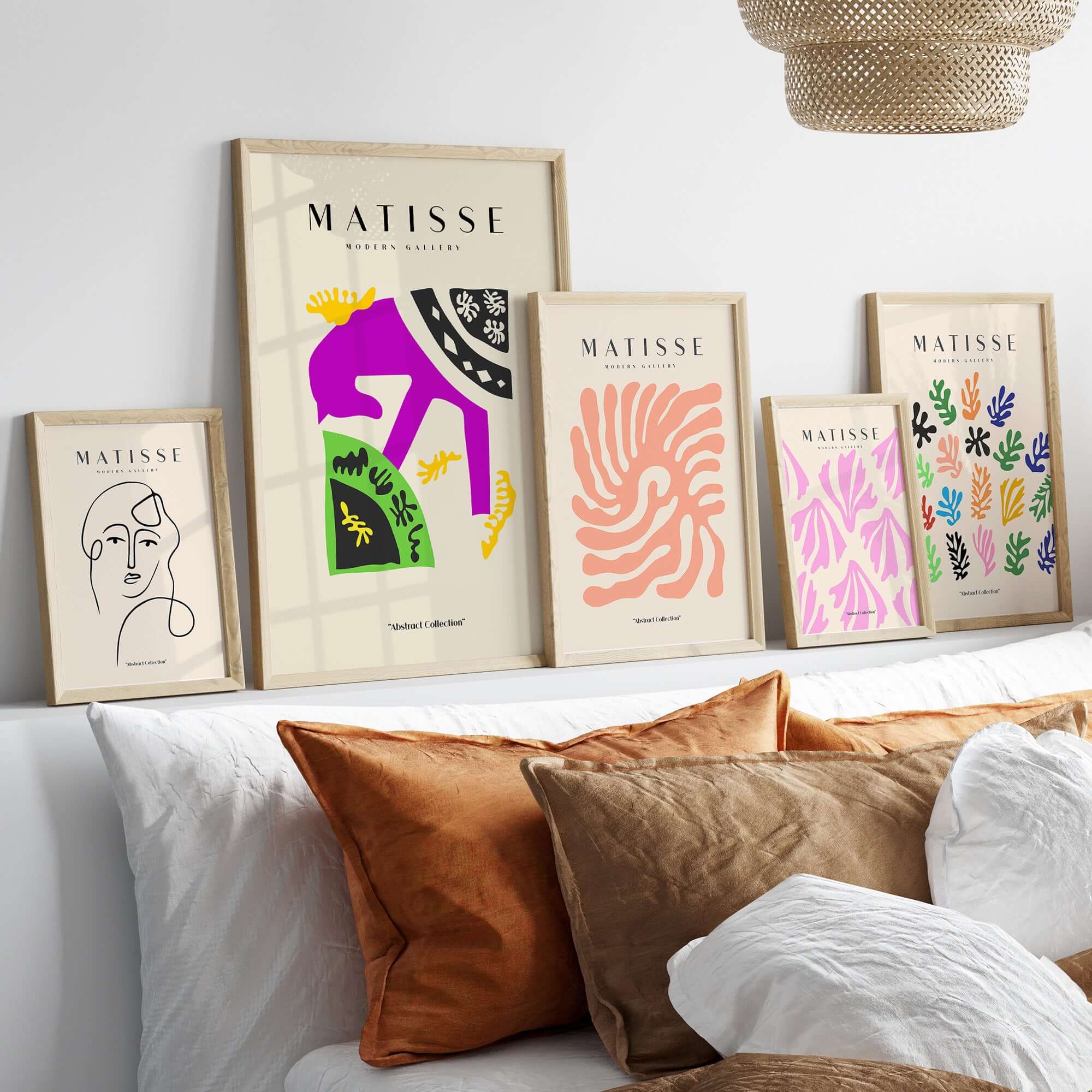 Matisse Art Prints - Purple Horse Abstract Figure Collage Poster displayed on a modern wall with decorative pillows.