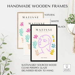 Matisse Art Prints -Line Art Face Abstract Botanical Collage Poster in handmade wooden frames in natural, white, and black.