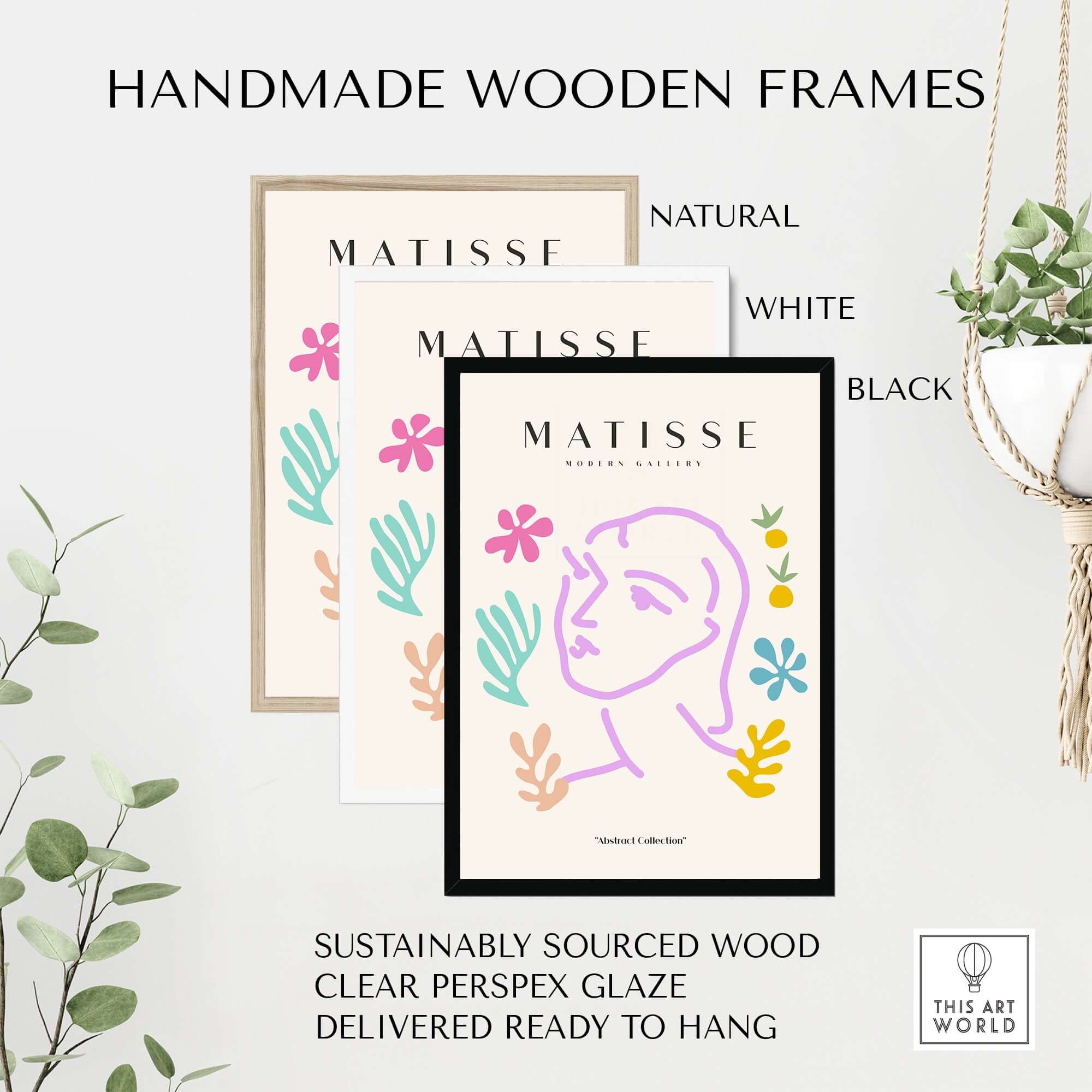 Matisse Art Prints -Line Art Face Abstract Botanical Collage Poster in handmade wooden frames in natural, white, and black.