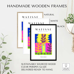 Matisse Art Prints - Colorful Abstract Leaves Blocks Wall Art displayed in handmade wooden frames in natural, white, and black.