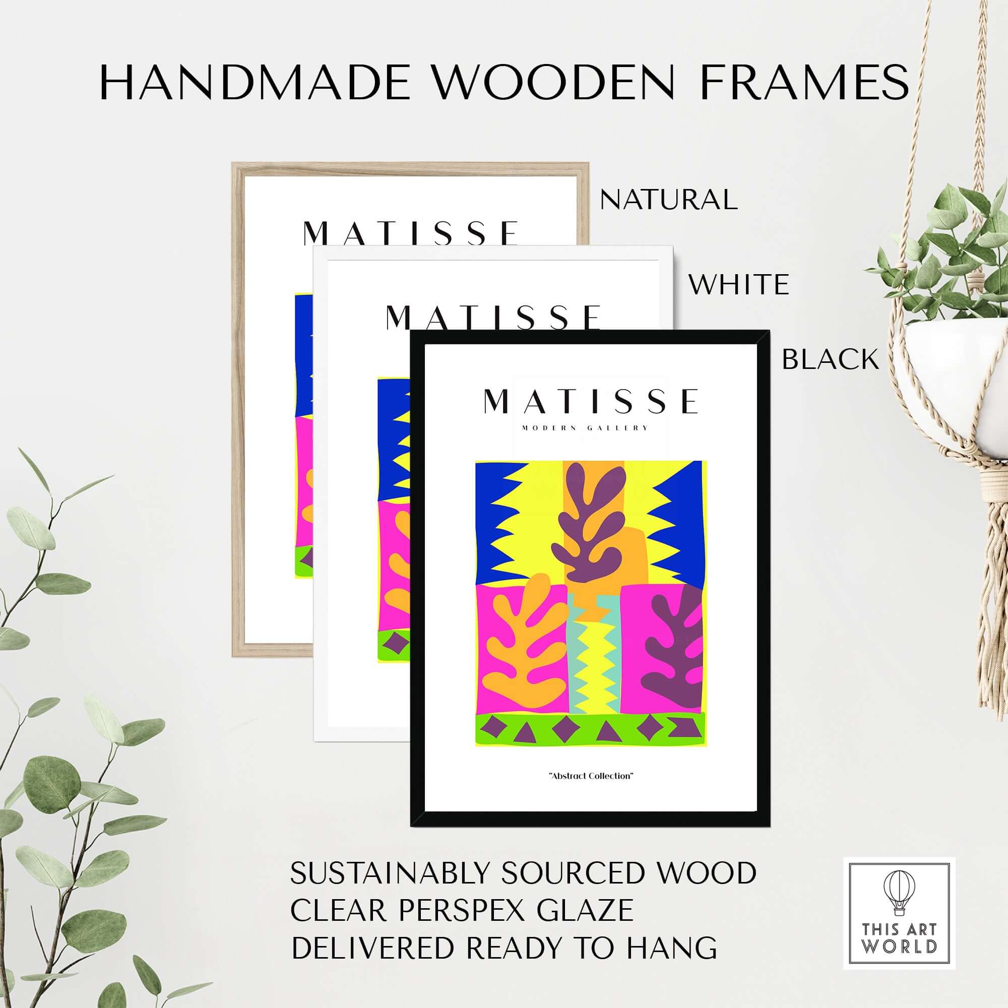 Matisse Art Prints - Colorful Abstract Leaves Blocks Wall Art displayed in handmade wooden frames in natural, white, and black.