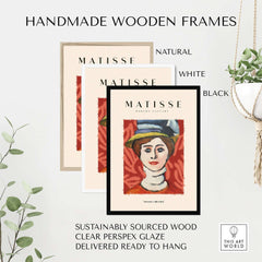 Matisse Art Prints - Woman in Elaborate Hat Portrait Poster displayed in handmade wooden frames, natural, white, and black options.