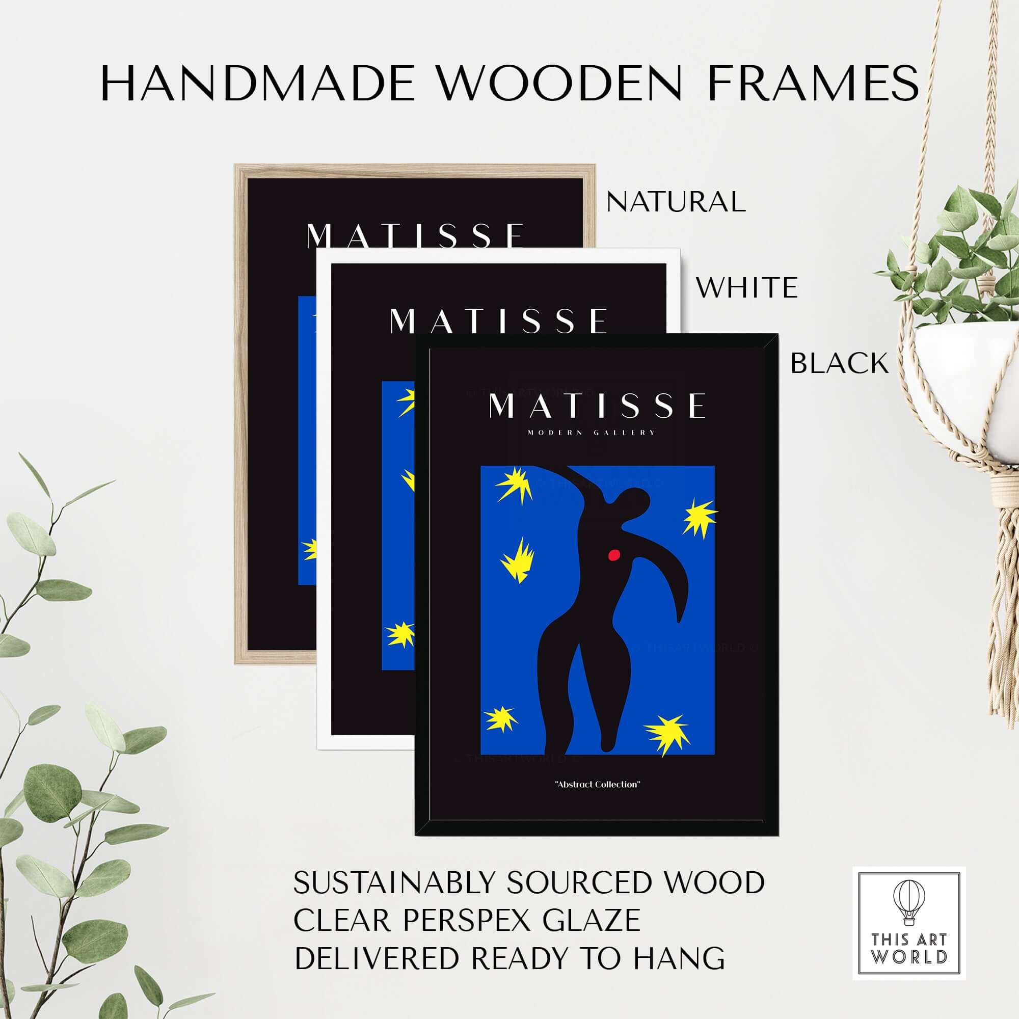 Matisse Art Prints - Icarus Black Figure with Stars Poster displayed in handmade wooden frames.