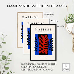 Matisse Art Prints - Red Coral Black Leaves Blue Frame Poster with handmade wooden frames in natural, white, and black colors.