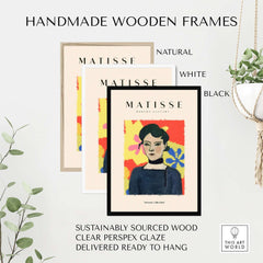 Matisse Art Prints - Woman Portrait Abstract Floral Poster displayed in handmade wooden frames: natural, white, and black.