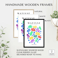 Matisse Art Prints - Colourful Scattered Abstract Leaves Dots Poster displayed in handmade wooden frames in natural, white, and black colors.