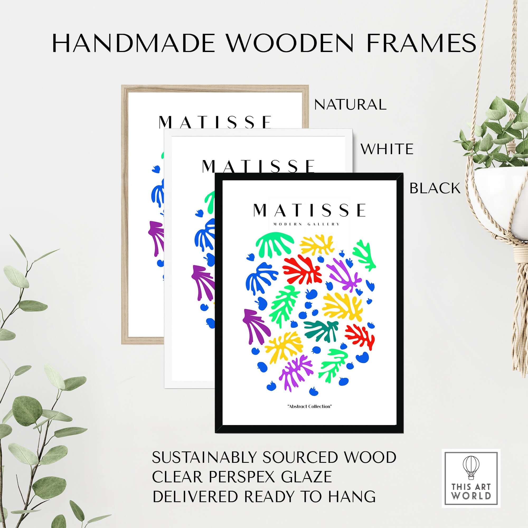 Matisse Art Prints - Colourful Scattered Abstract Leaves Dots Poster displayed in handmade wooden frames in natural, white, and black colors.