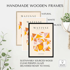 Matisse Art Prints - Warm Tone Geometric Triangles Poster framed in handmade wooden frames in natural, white, and black.