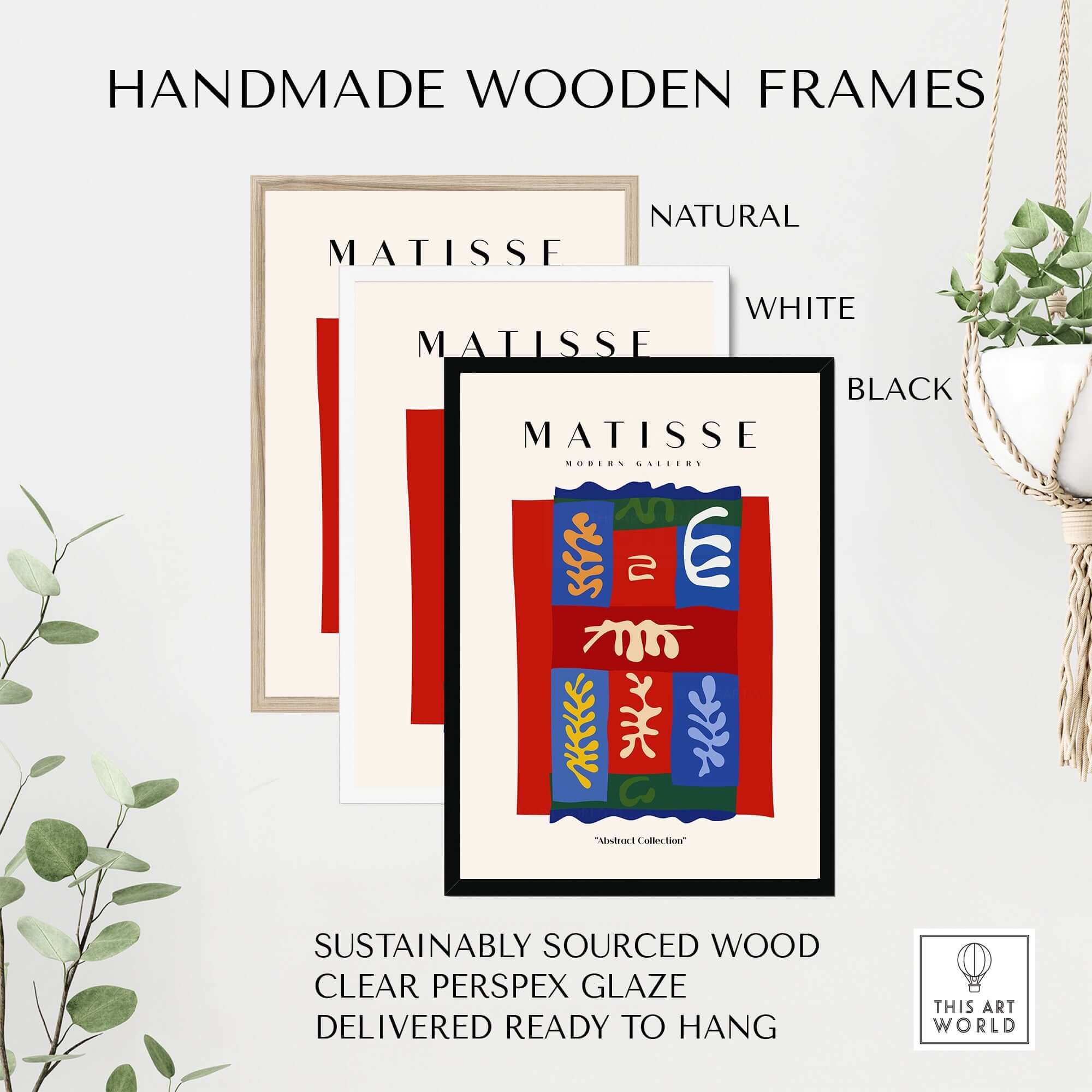 Matisse Art Prints - Patchwork Shapes Composition Poster with handmade wooden frames in natural, white, and black options.