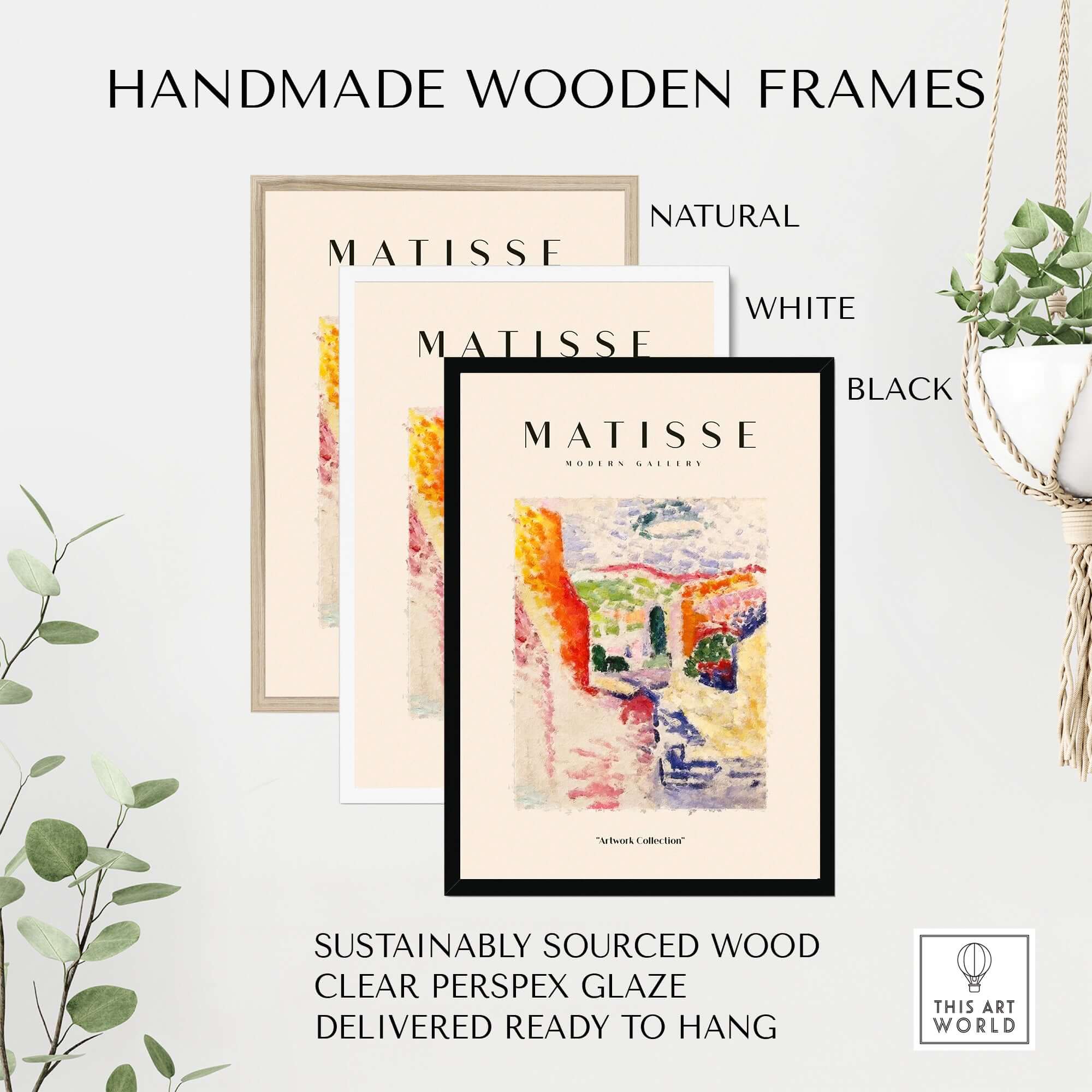 Matisse Art Prints - Abstract Fauvist Poster displayed in handmade wooden frames in natural, white, and black colors.