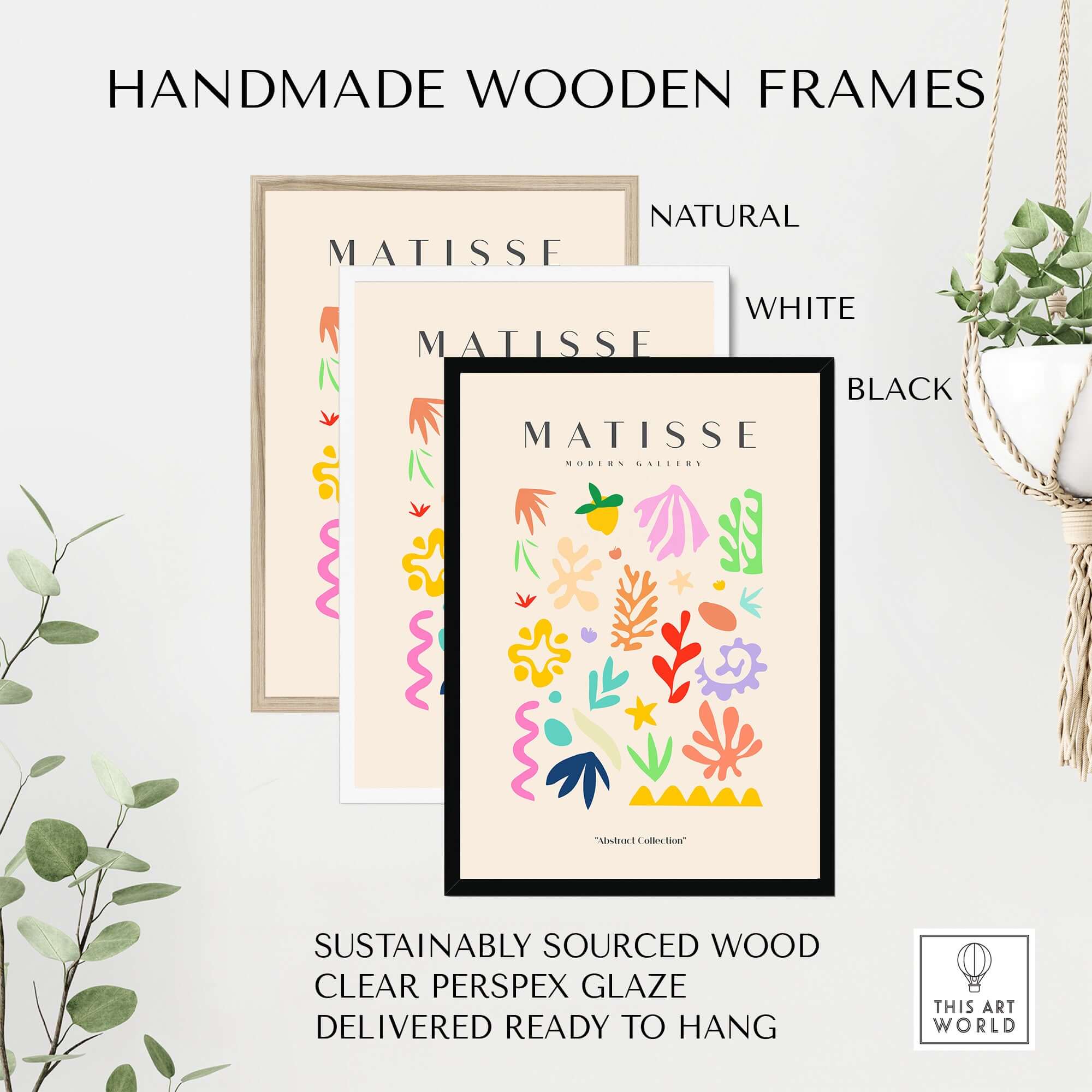 Matisse Art Prints - Playful Abstract Shapes Mix Wall Art in handmade wooden frames with natural, white, and black options.