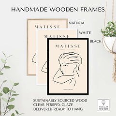 Matisse Art Prints - Abstract Line Drawing of Lady displayed in handmade wooden frames in natural, white, and black finishes.