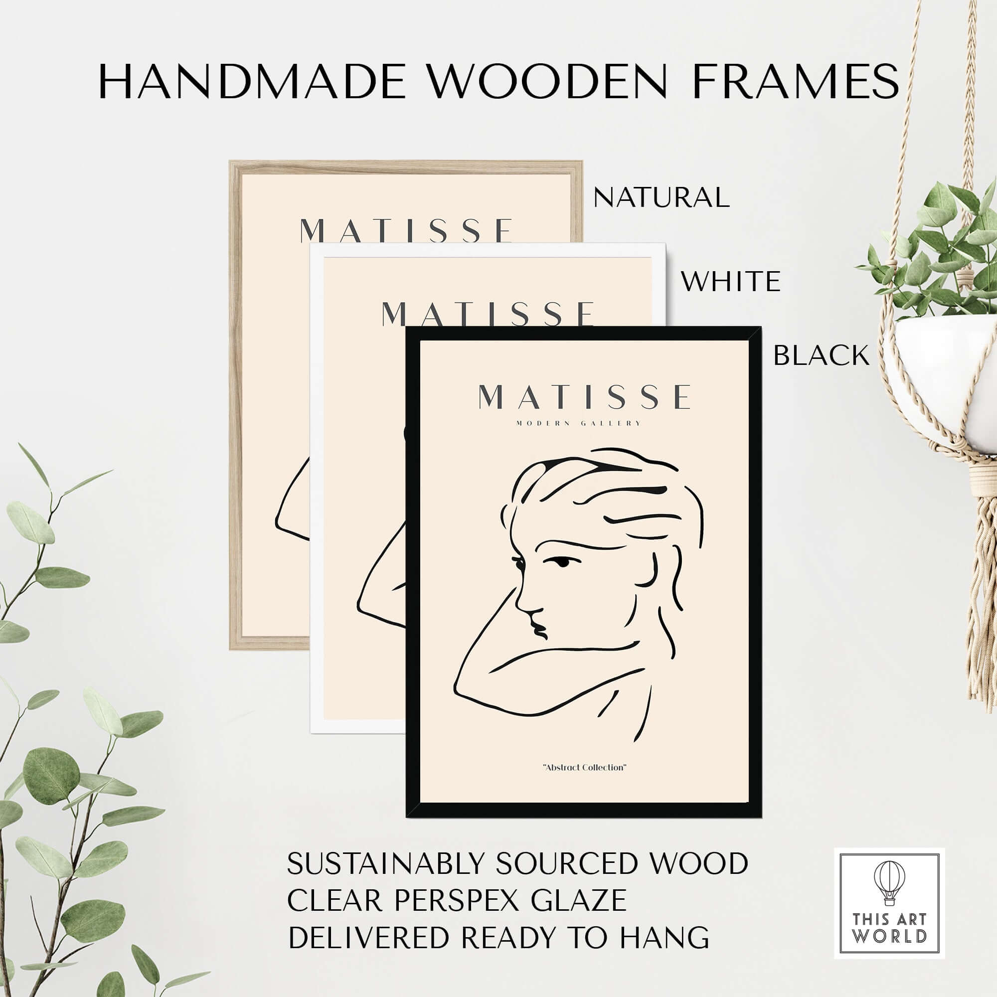 Matisse Art Prints - Abstract Line Drawing of Lady displayed in handmade wooden frames in natural, white, and black finishes.