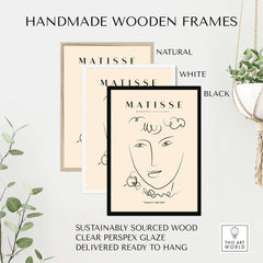 Matisse Art Prints -  Line Art Face Curly Hair Minimalist Poster displayed in handmade wooden frames in natural, white, and black.