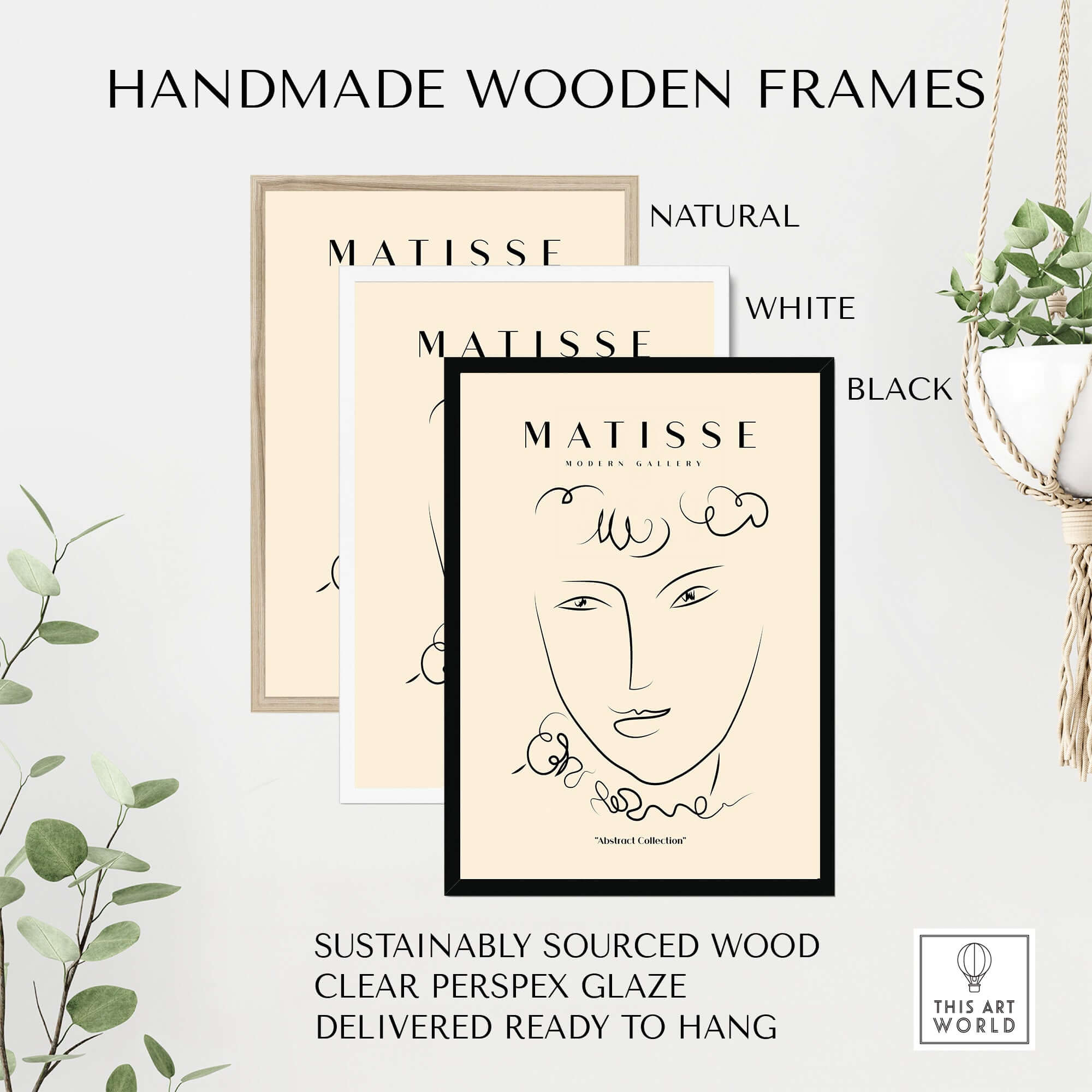 Matisse Art Prints -  Line Art Face Curly Hair Minimalist Poster displayed in handmade wooden frames in natural, white, and black.