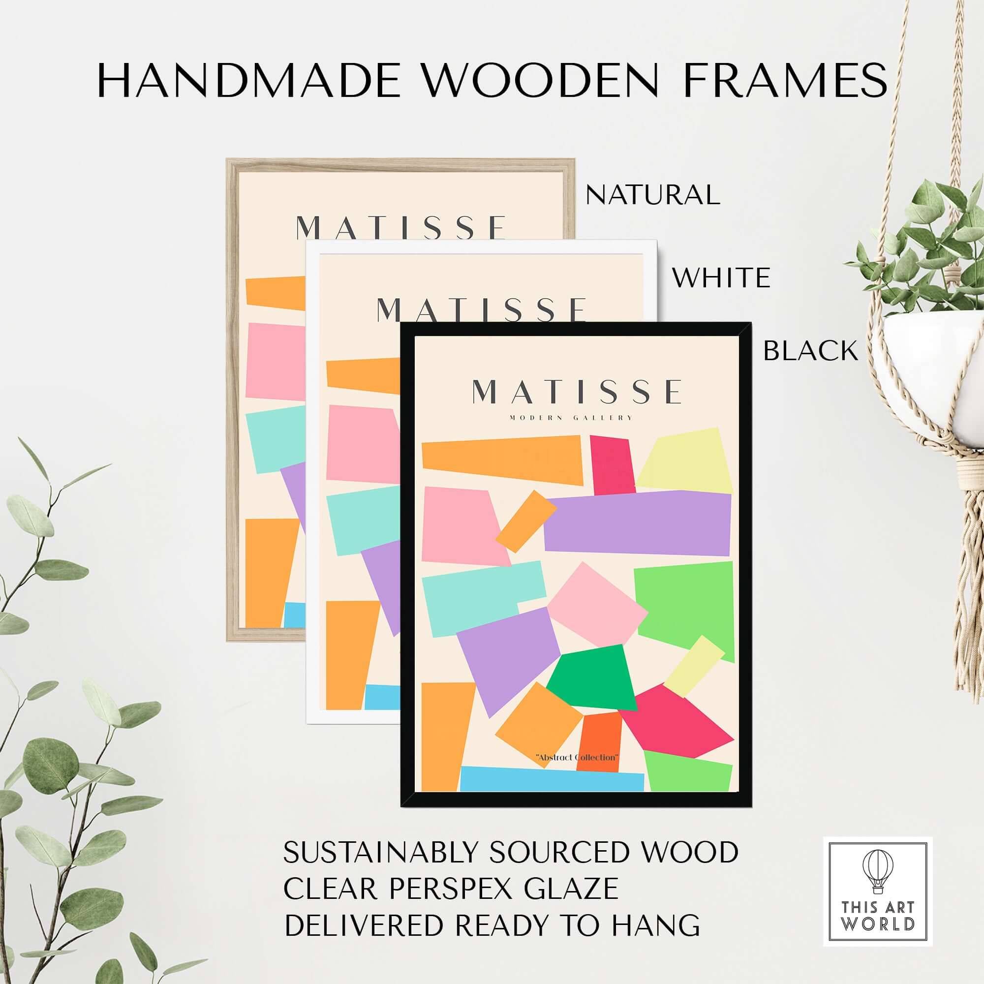 Handmade wooden frames in natural, white, and black for Matisse Art Prints - Colorful Geometric Shapes Abstract Print.
