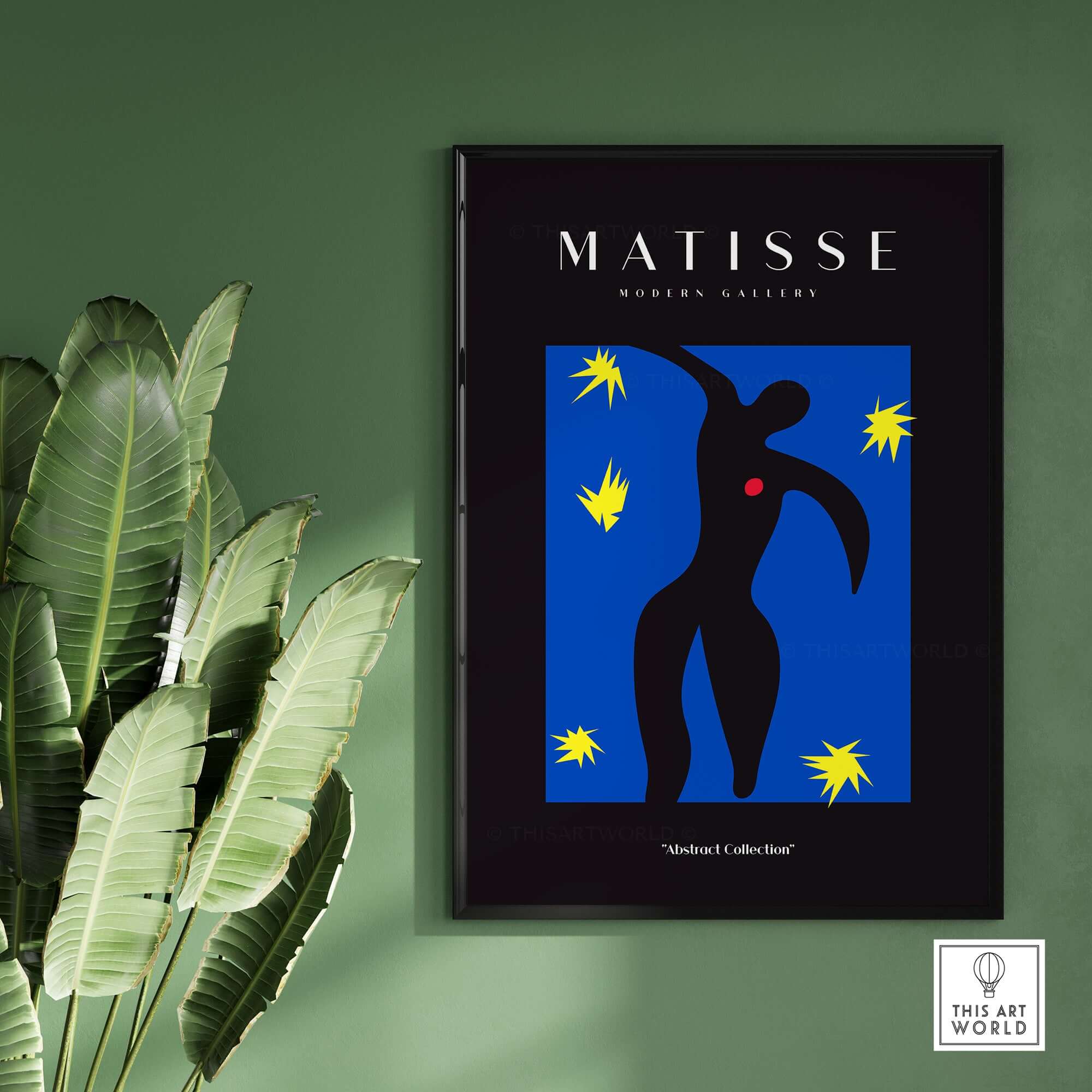 Matisse Art Prints - Icarus Black Figure with Stars Poster displayed on a wall surrounded by lush green plants.