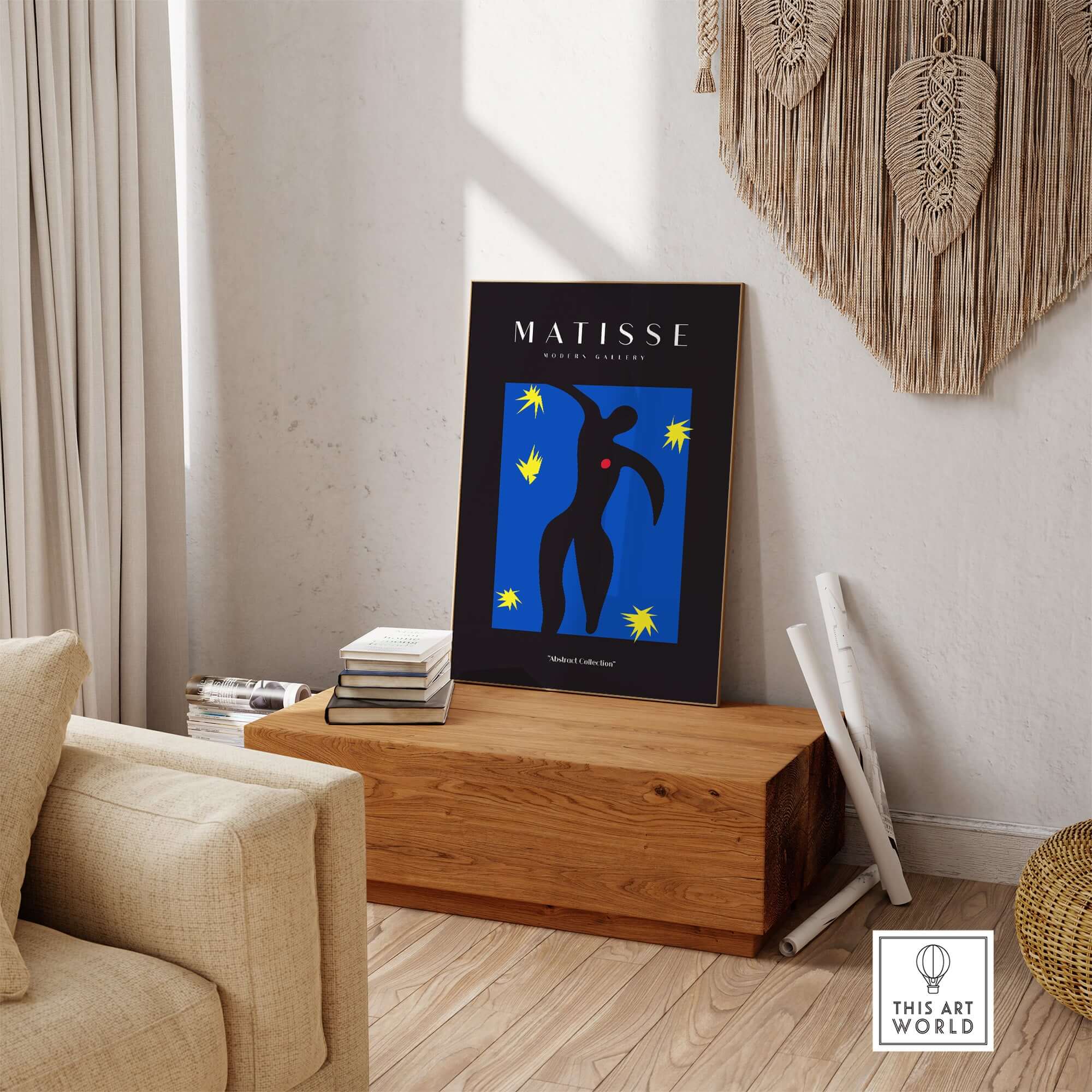 Matisse Art Prints - Icarus Black Figure with Stars Poster displayed in a modern living room setting.