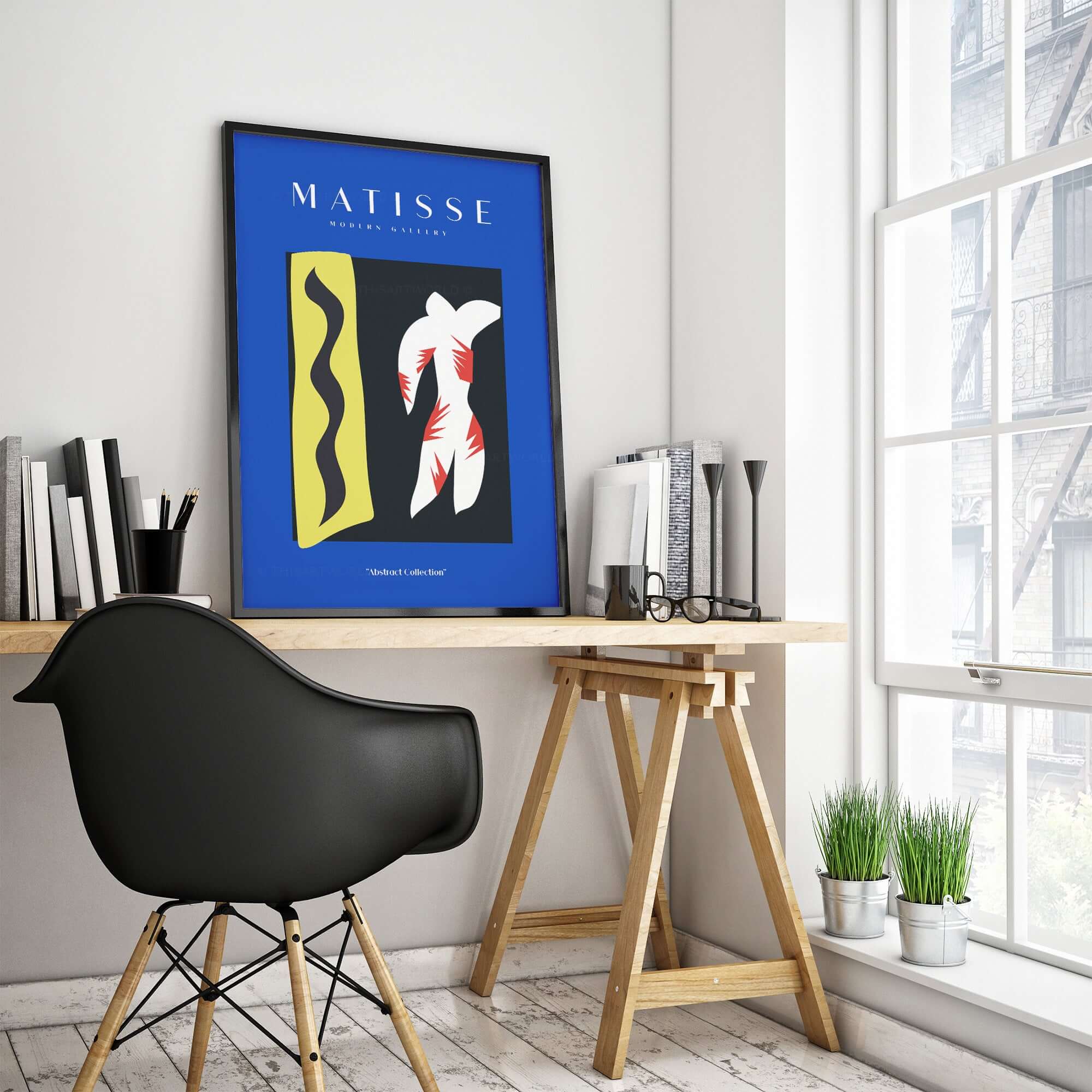 Matisse Art Prints - Icarus Jazz Abstract Art Print Blue displayed in a modern home office with stylish decor.