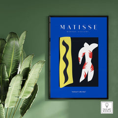 Matisse Art Prints - Icarus Jazz Abstract Art Print Blue framed on a wall with green plants, depicting vibrant abstract figures.