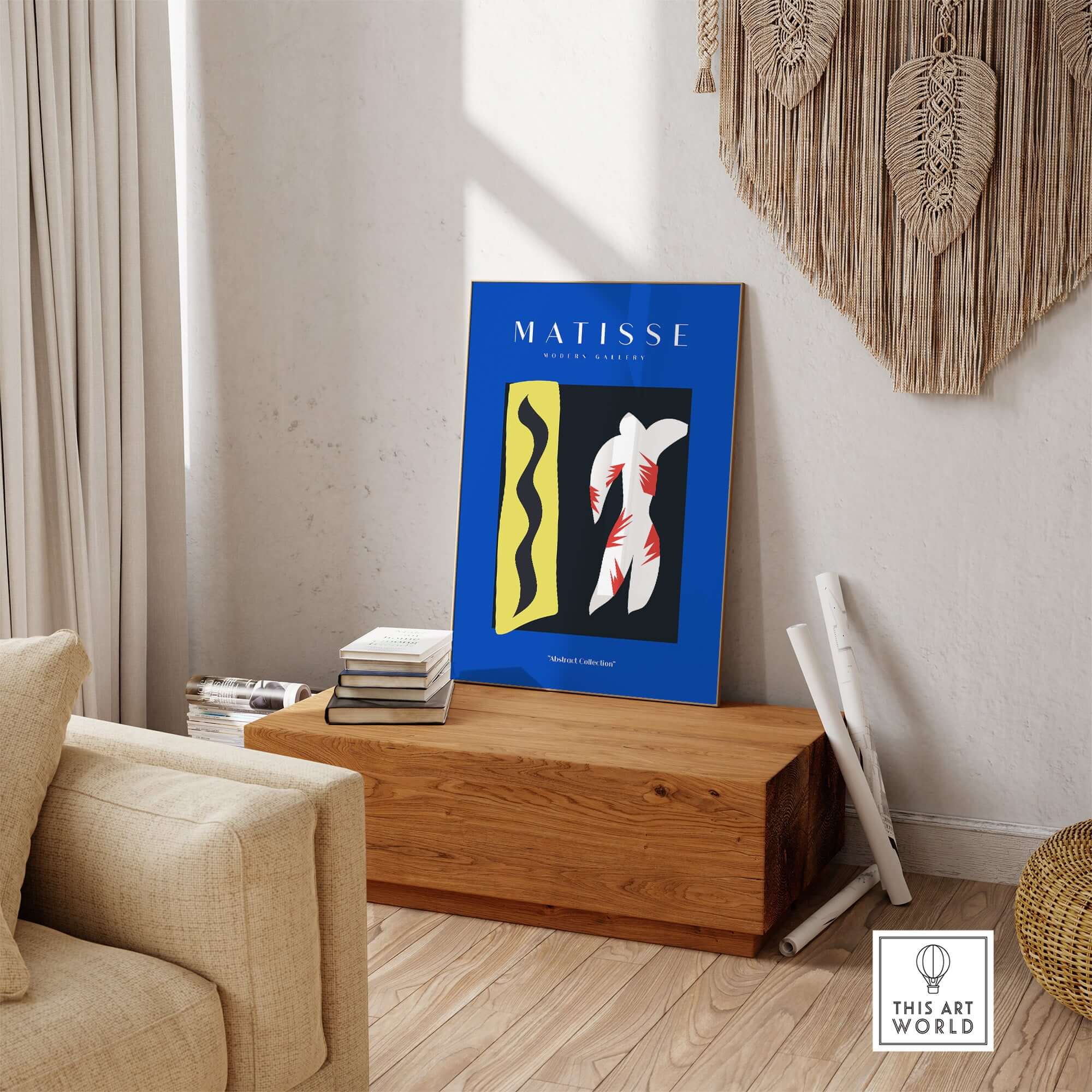 Matisse Art Prints - Icarus Jazz Abstract Art Print Blue displayed on a wooden table in a stylish interior.