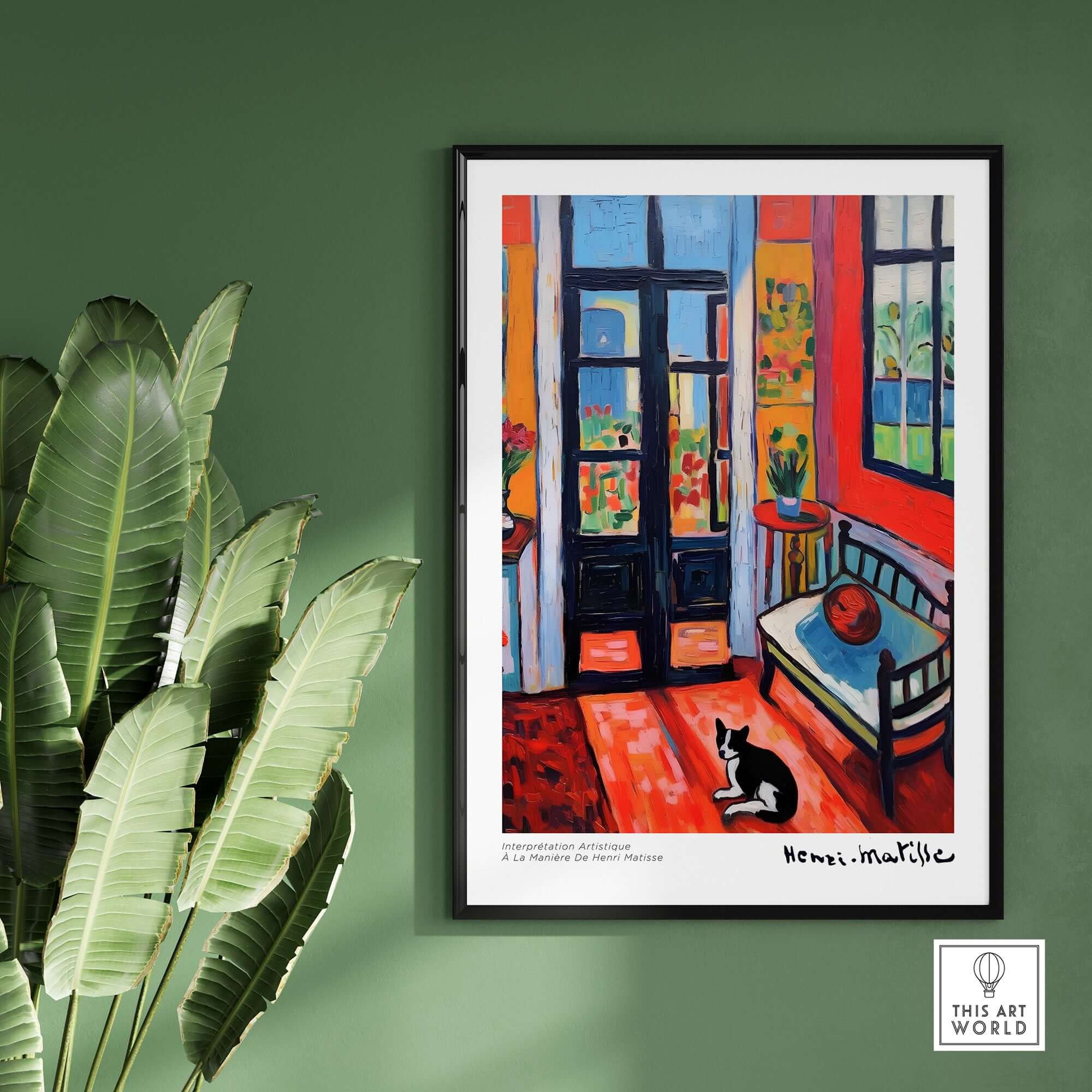 Matisse Art Prints - Interior with Cat and Open Door Poster featuring vibrant colors and a playful cat in a stylish room.