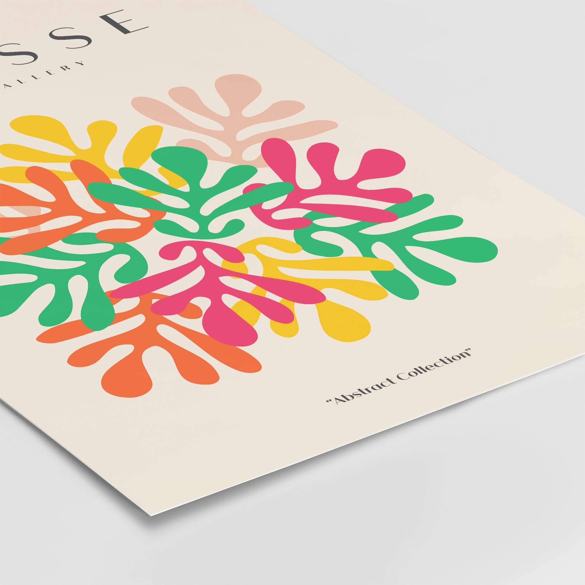 Matisse Art Prints - Interlocking Colorful Leaves Abstract Print featuring vibrant leaf-like forms in bold colors on a beige background.