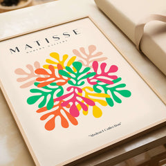 Matisse Art Prints - Interlocking Colorful Leaves Abstract Print featuring vibrant leaves in bold colors on a beige background.