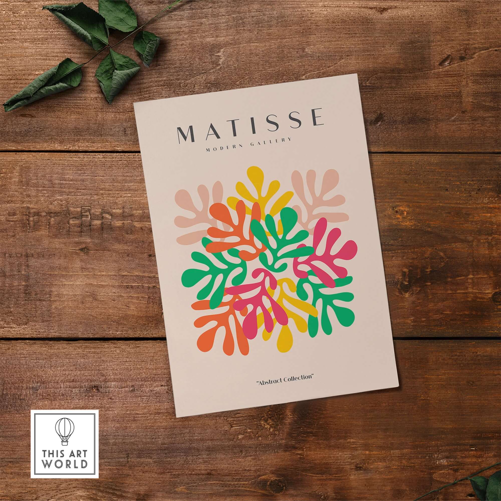 Matisse Art Prints - Interlocking Colorful Leaves Abstract Print featuring vibrant leaves in red, yellow, green, and pink on beige.