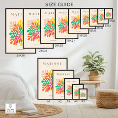 Matisse Art Prints - Interlocking Colorful Leaves Abstract Print size guide showing various dimensions and layouts.