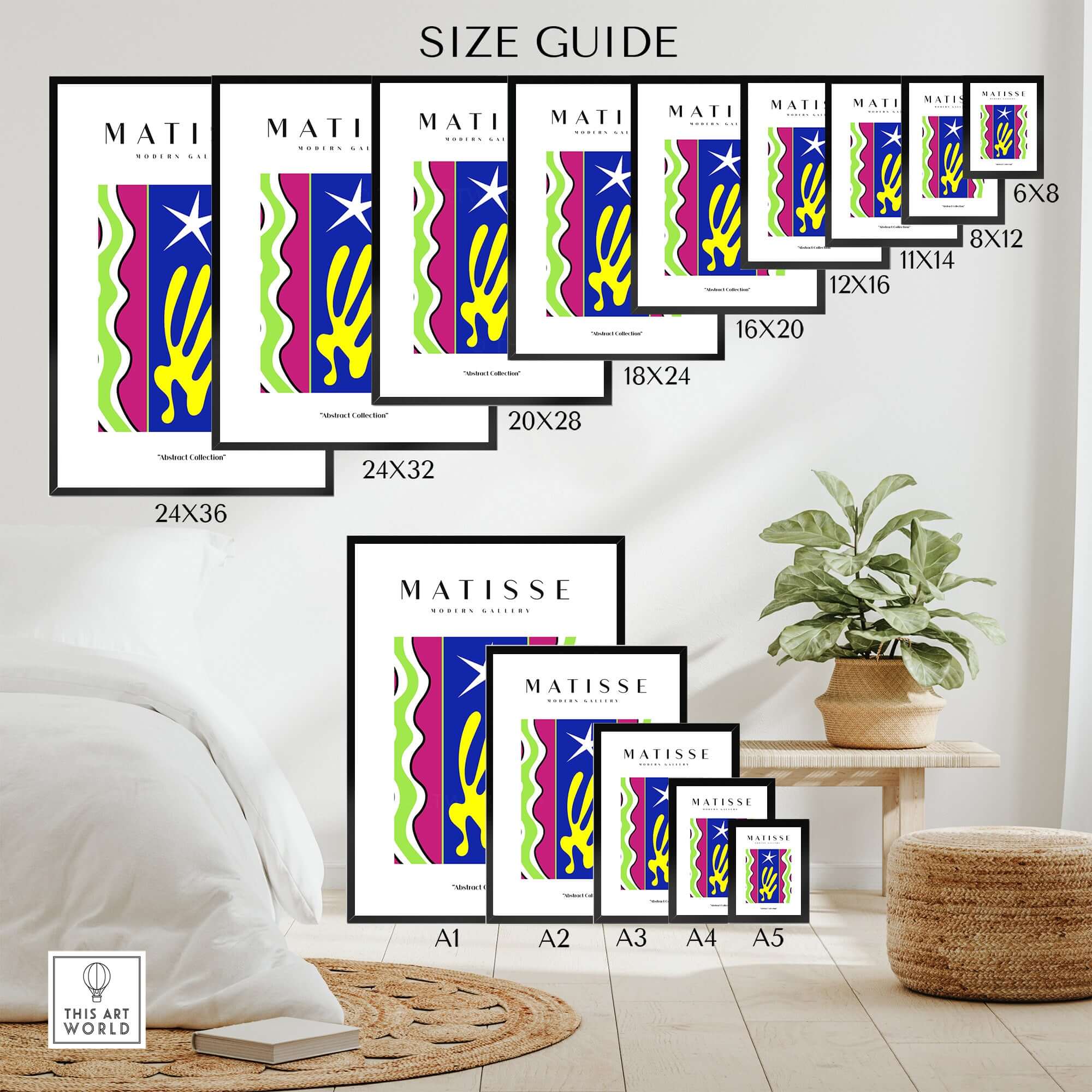 Matisse Art Prints - Jazz Abstract Star Hand Waves Poster size guide showing various frame sizes in an elegant room.