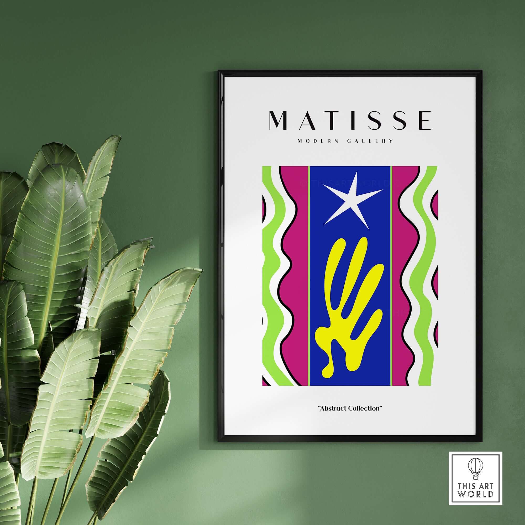 Matisse Art Prints - Jazz Abstract Star Hand Waves Poster on a green wall with tropical leaves, featuring bold colors and shapes.