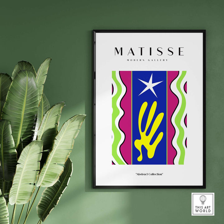 Matisse Jazz Abstract Art Print featuring blue, magenta, yellow, and green designs on wall with plants.