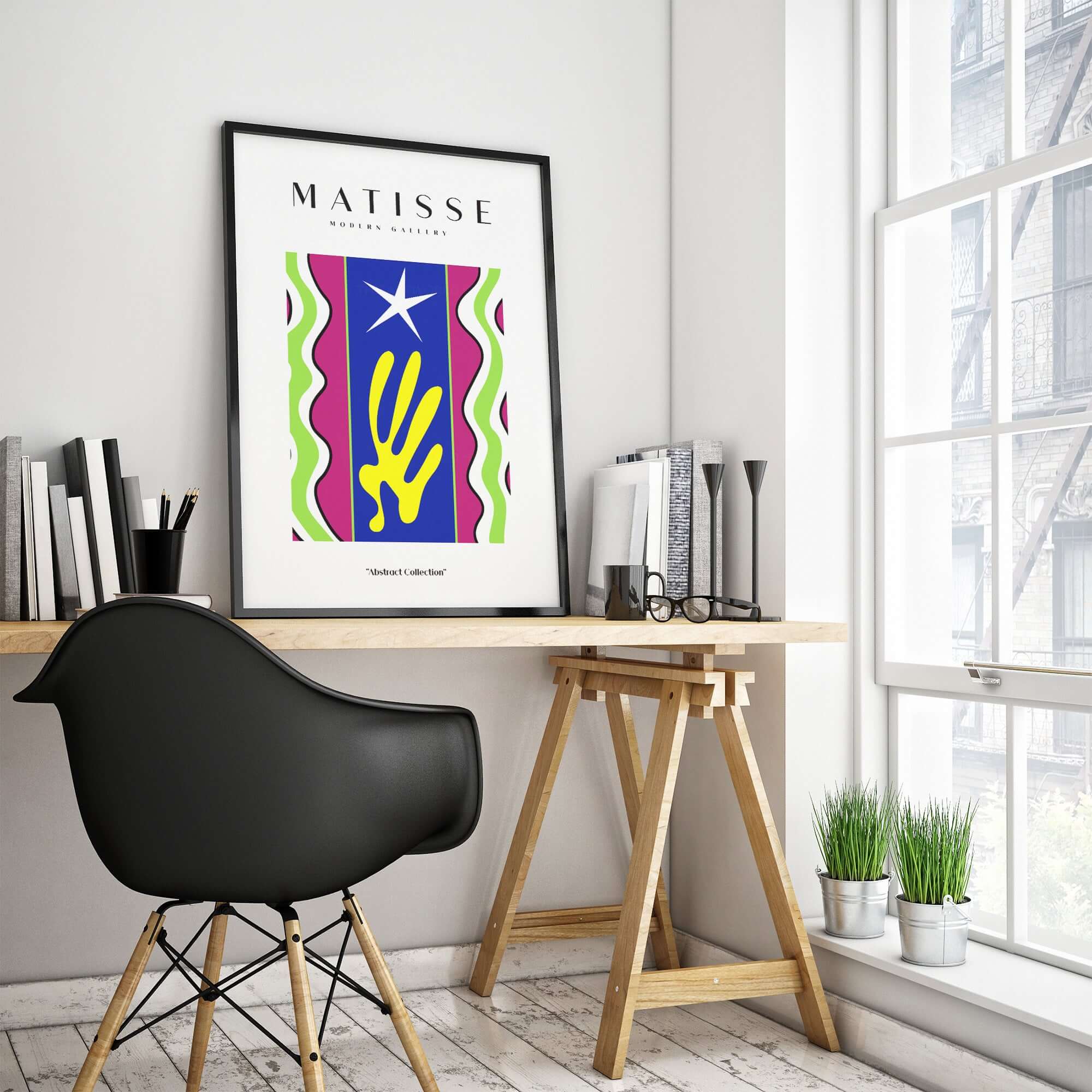 Matisse Art Prints - Jazz Abstract Star Hand Waves Poster displayed in a modern workspace with a stylish chair.