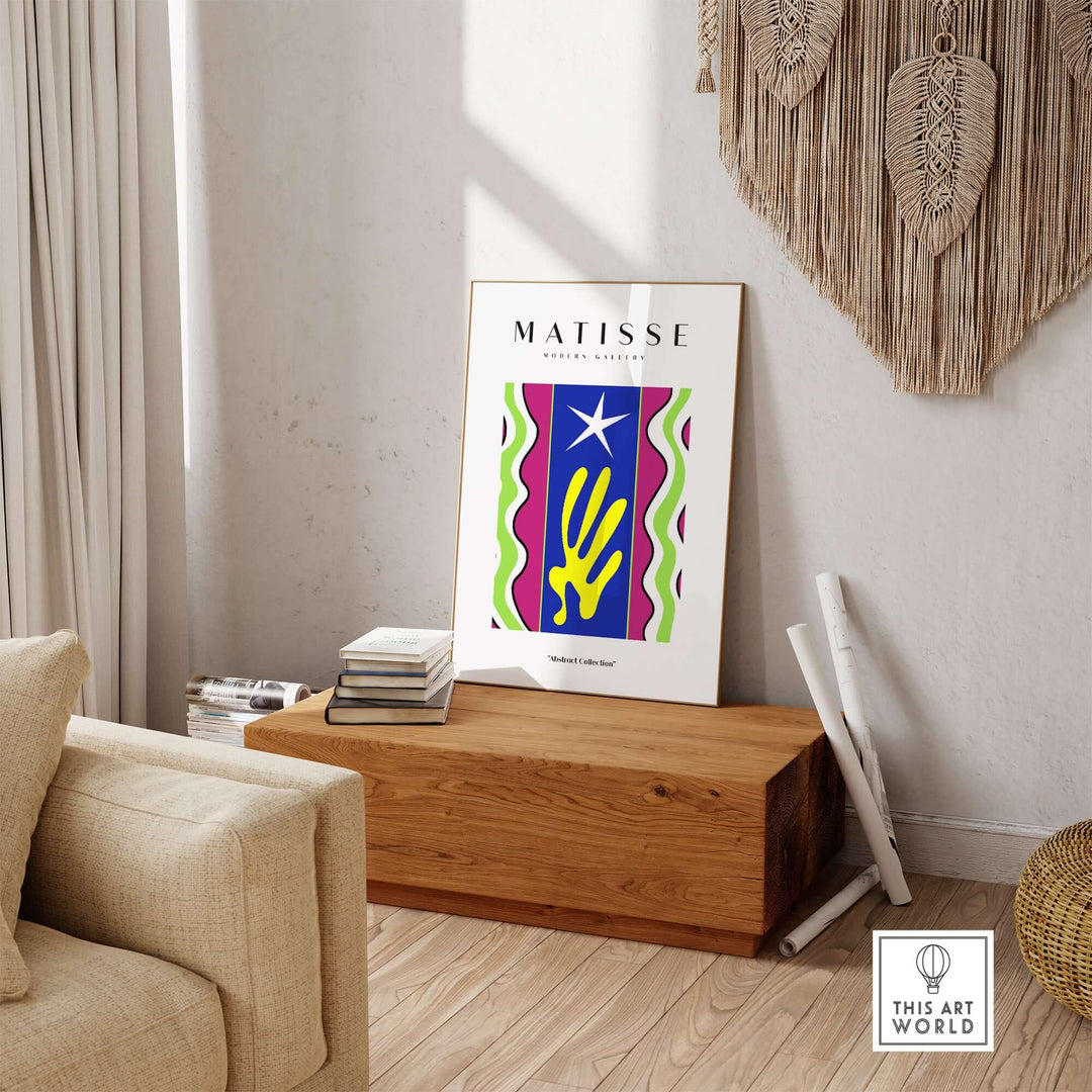 Matisse Jazz Abstract Star Hand Waves Poster in a stylish living room setting, featuring bold colors and unique design.