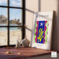 Matisse Art Prints - Jazz Abstract Star Hand Waves Poster displayed on a sunny windowsill with a beach view.